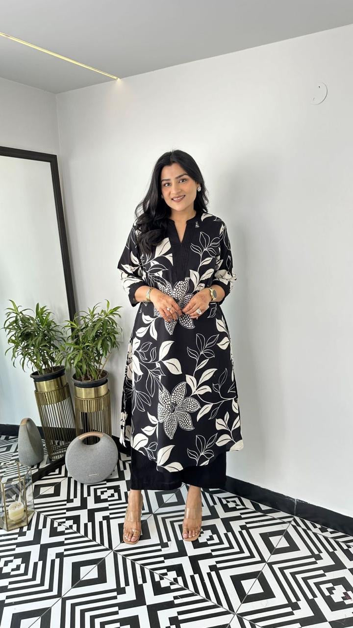 Black & White Floral Printed Kurti Palazzo Set