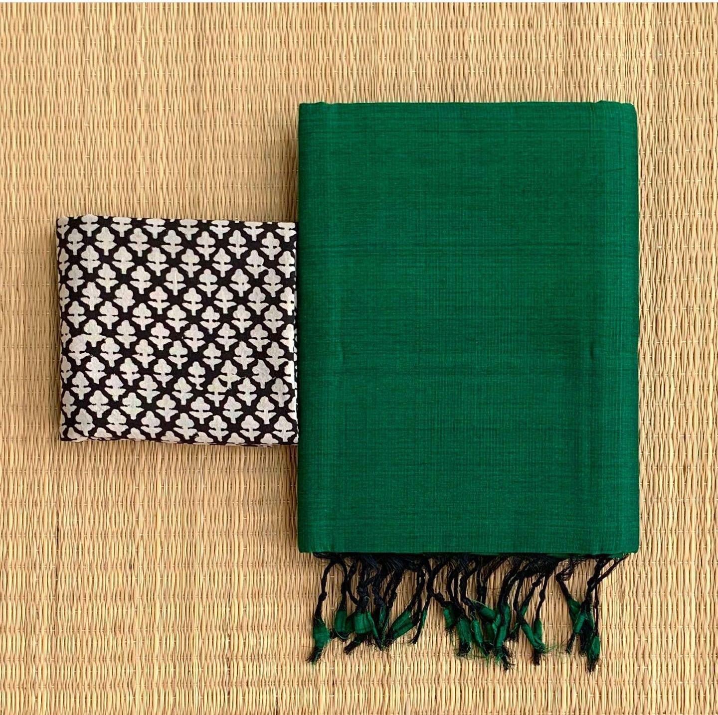 Solid Khadi Cotton Saree with Contrast Ajrack cotton Blouse Piece