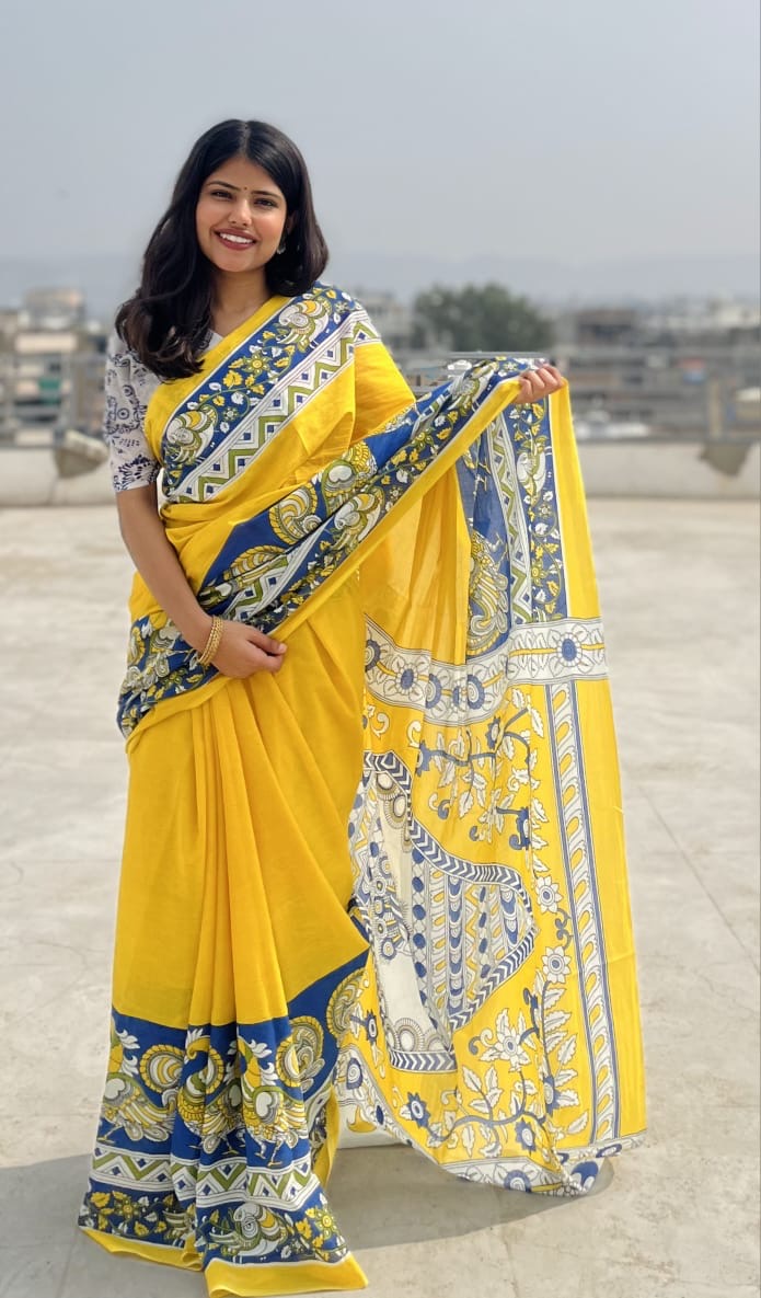 Yellow & Indigo hand Block Printed Mul Mul Cotton Saree