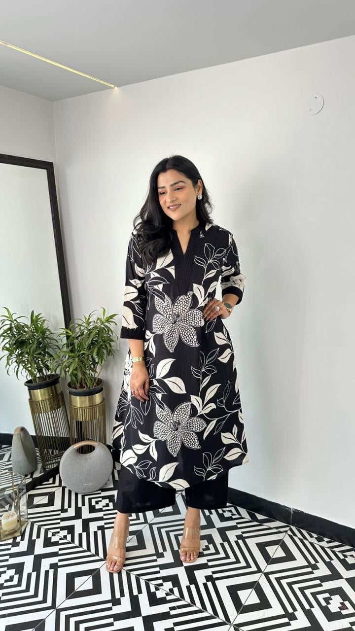 Black & White Floral Printed Kurti Palazzo Set