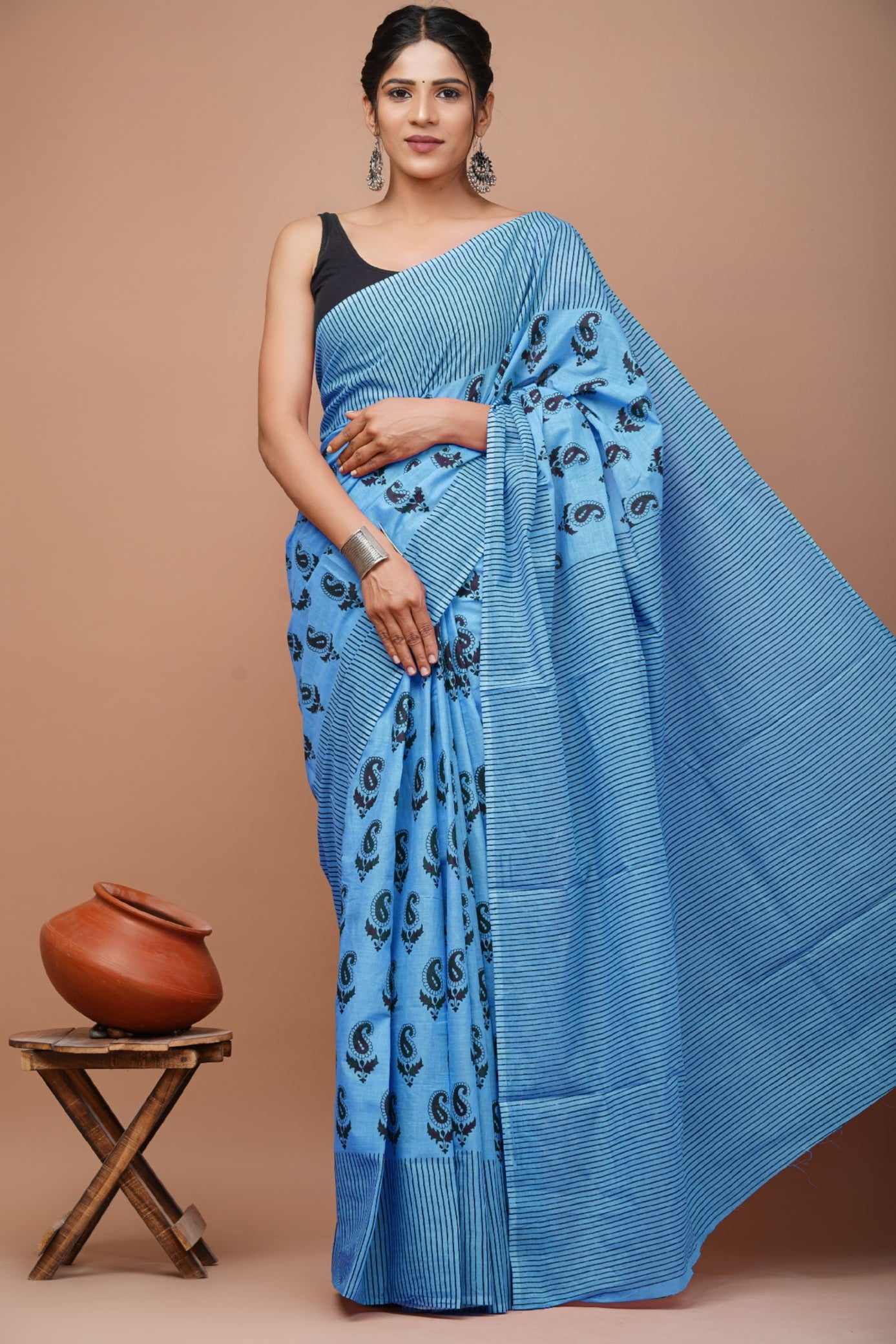 Light Blue hand Block Printed Mul Mul Cotton Saree