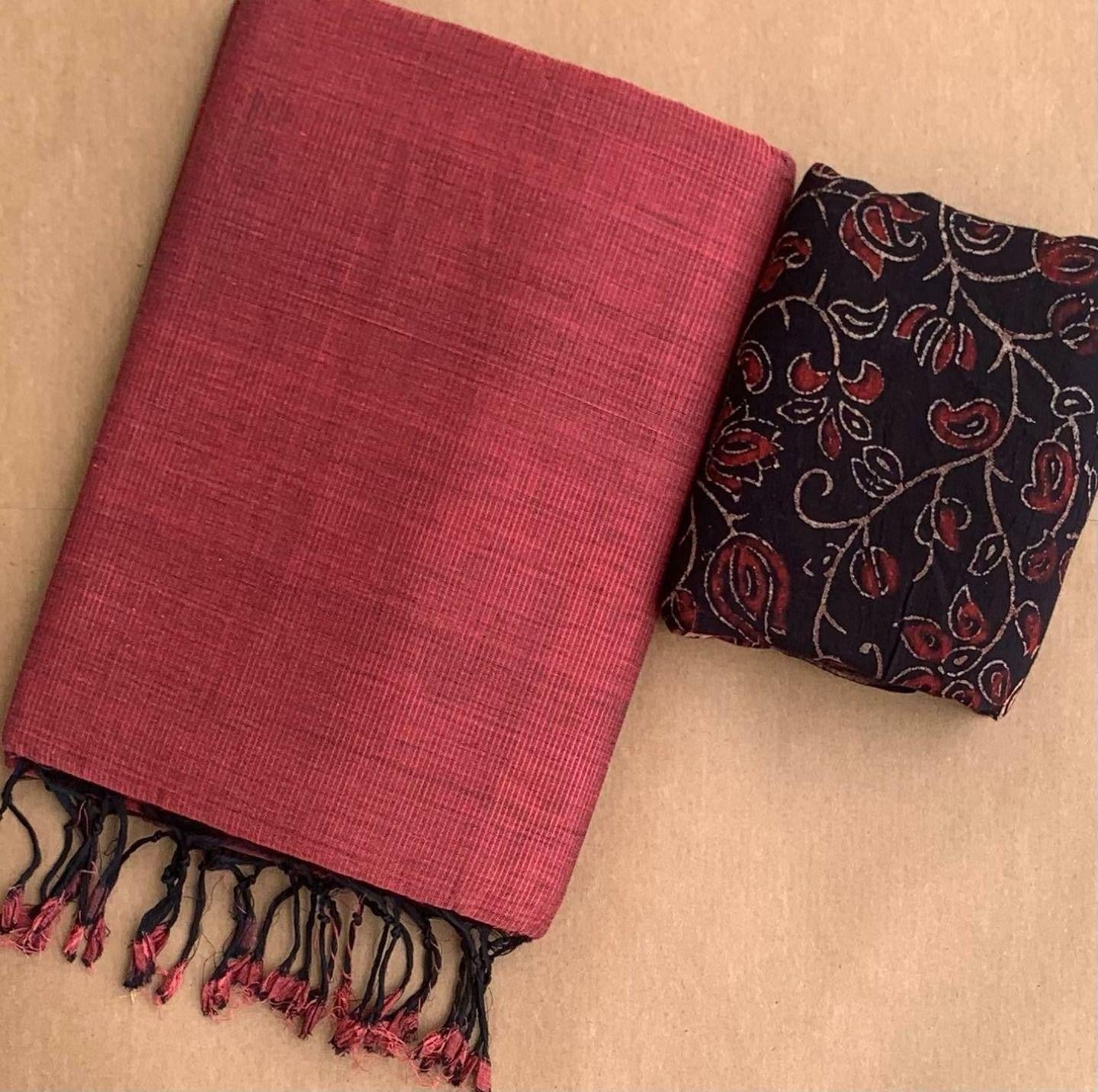 Solid Khadi Cotton Saree with Contrast Ajrack cotton Blouse Piece