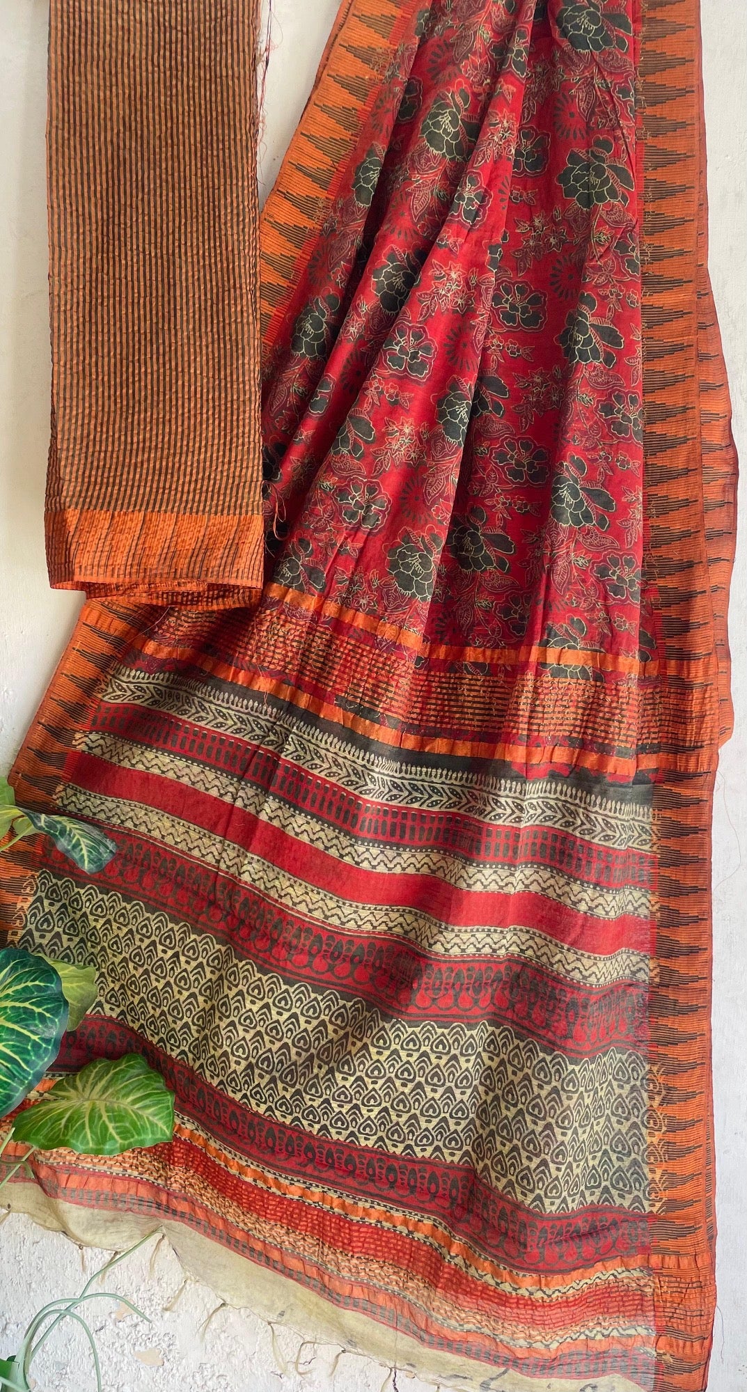 Hand Block Printed Orange Red Semi Silk Saree
