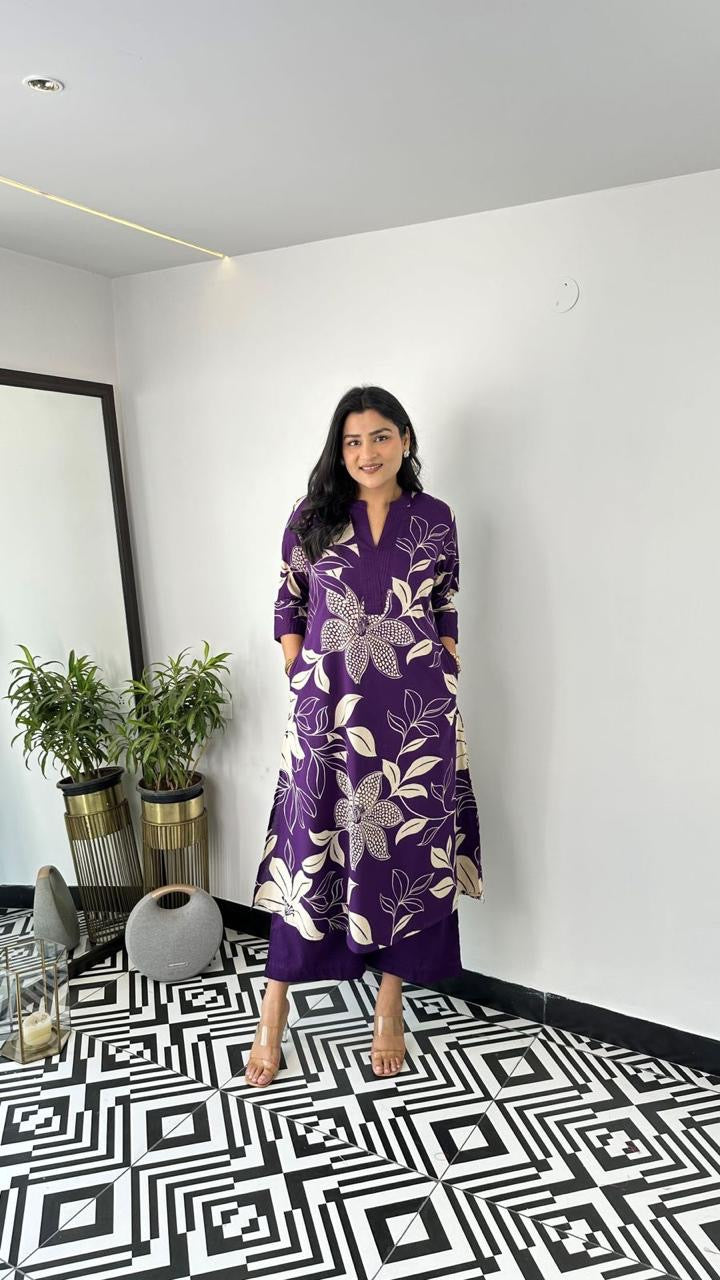 Purple & White Floral Printed Kurti Palazzo Set