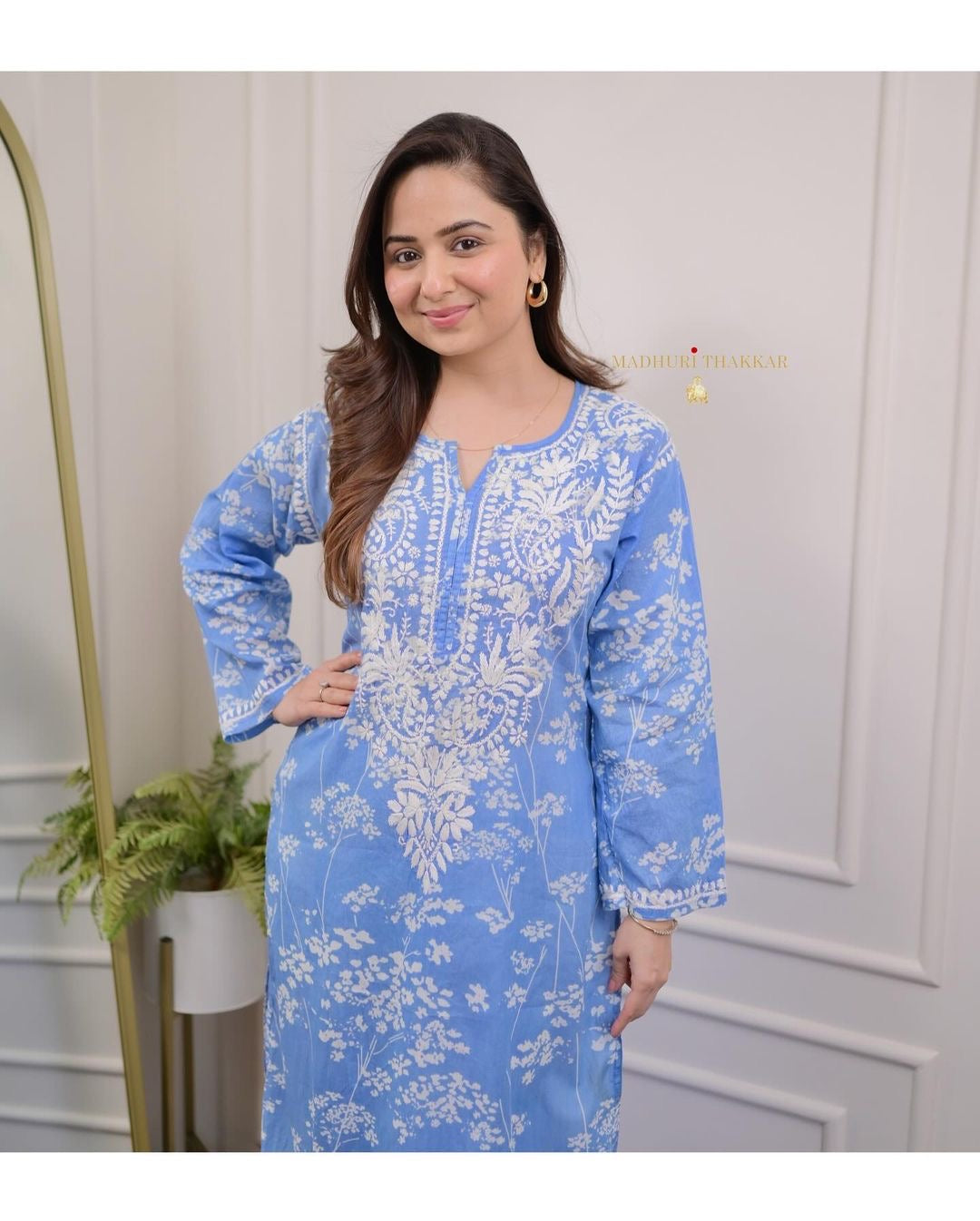 Blue & White Chikankari Kurti Palazzo Set