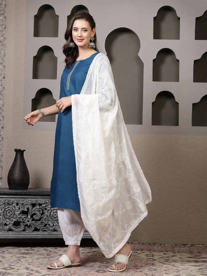 Blue & White Cotton Kurti Palazzo Set with Dupatta
