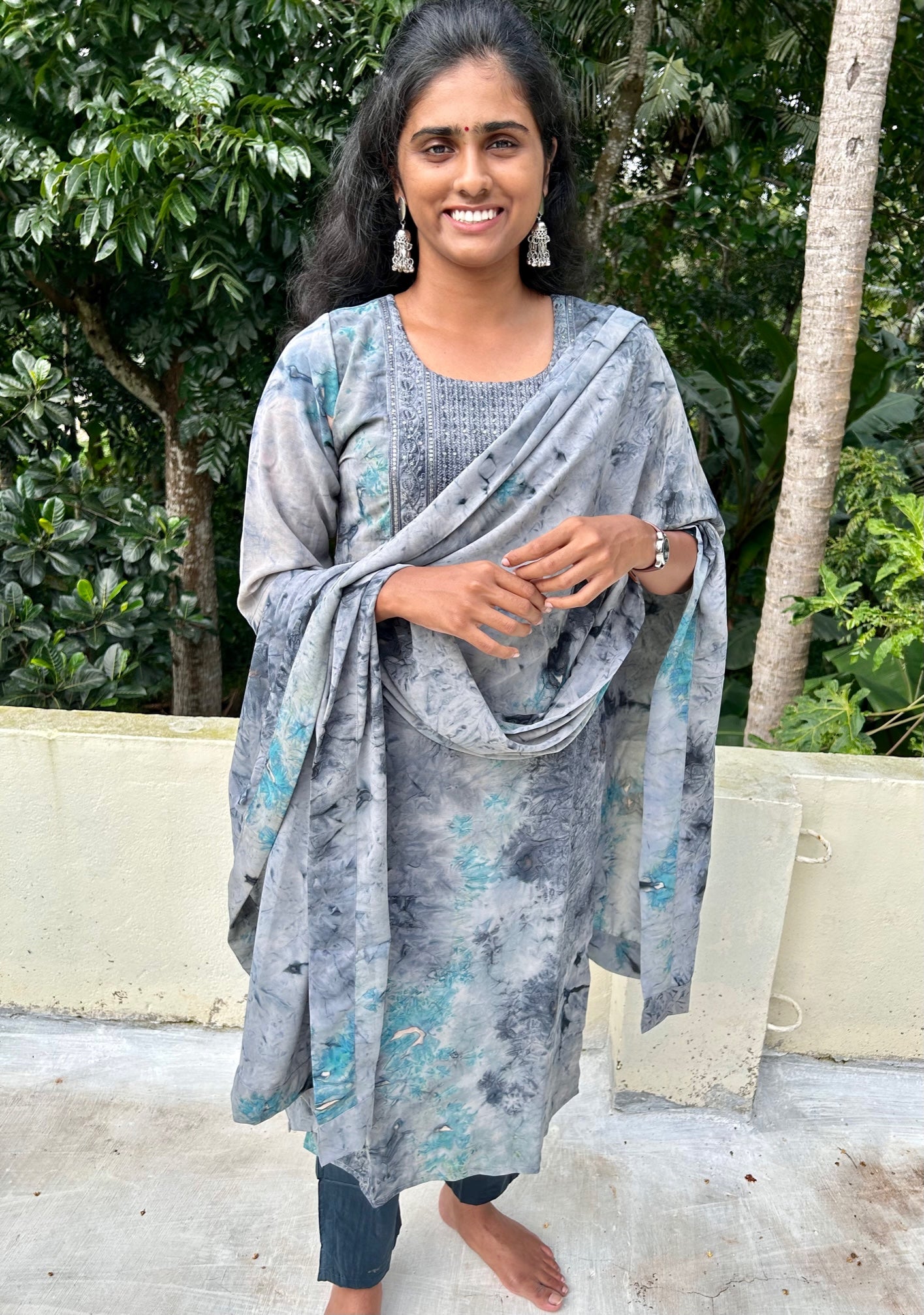 Shades of Grey & Blue Crepe Yoke Embroidered Kurti with Palazzo & Dupatta