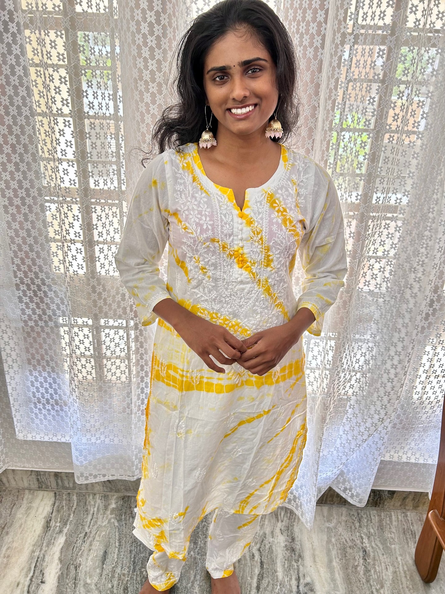Yellow Lakhnavi Chikankari Tie & Die Pure Cotton Kurti Palazzo Set