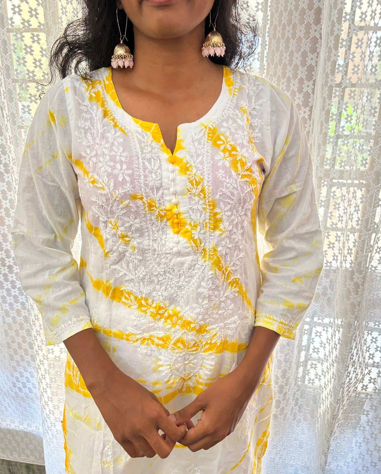 Yellow Lakhnavi Chikankari Tie & Die Pure Cotton Kurti Palazzo Set