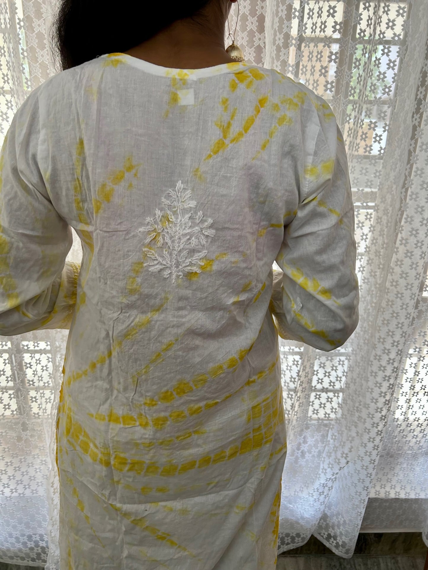 Yellow Lakhnavi Chikankari Tie & Die Pure Cotton Kurti Palazzo Set