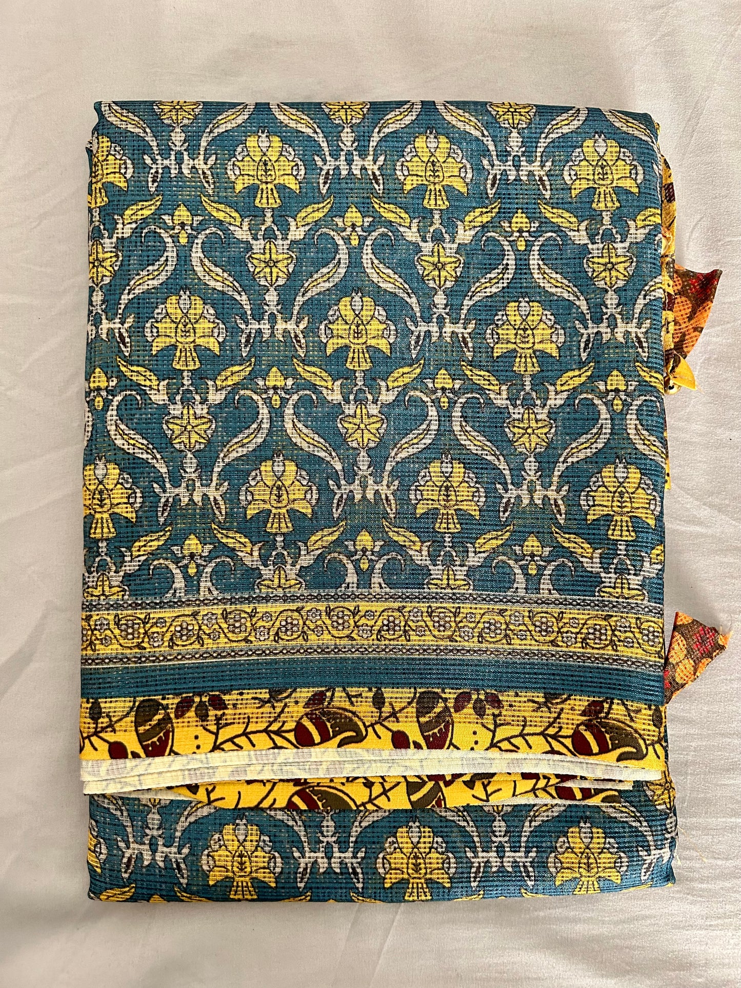 Yellow & teal blue digital printed Kota Doria Saree