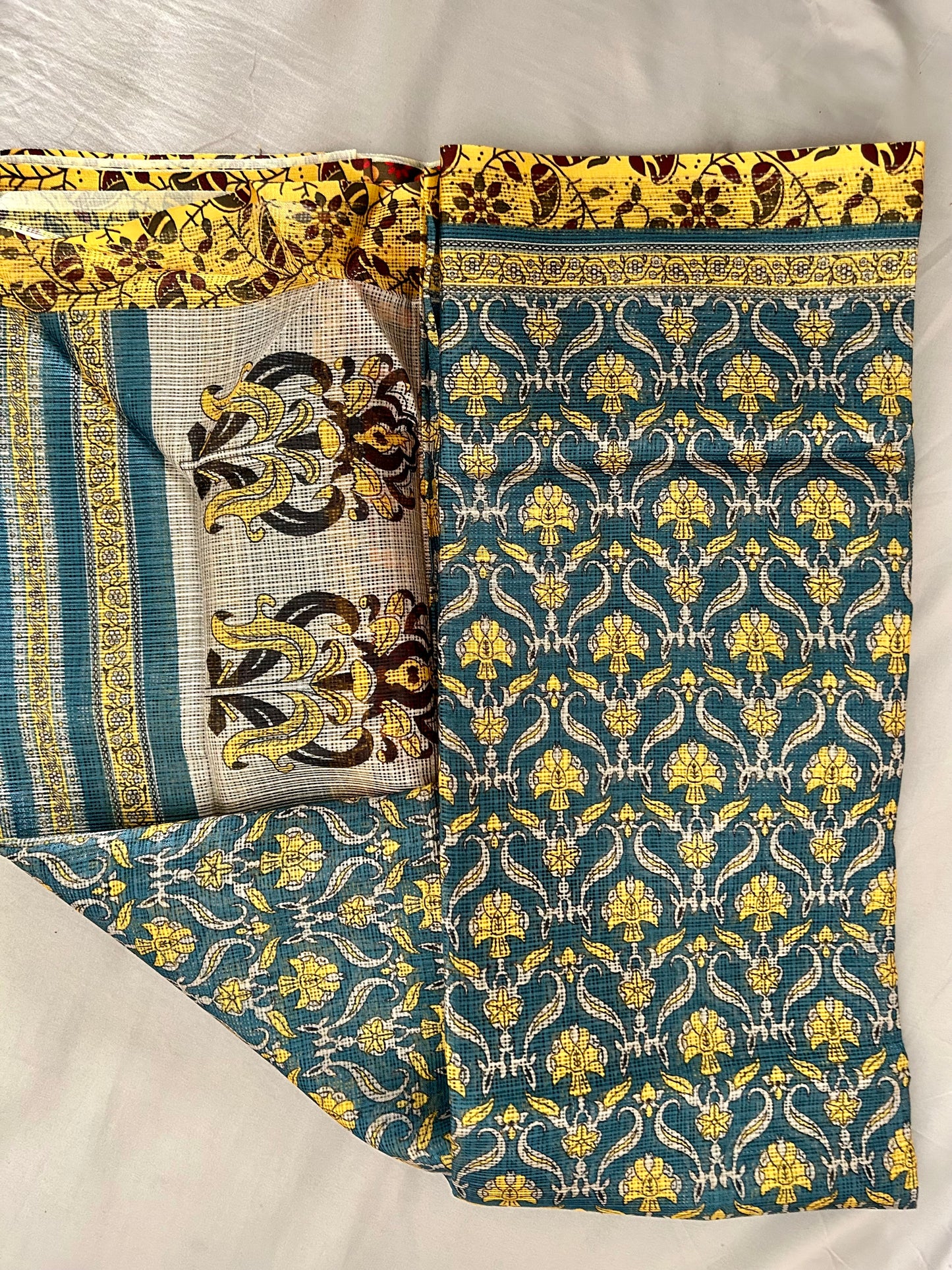 Yellow & teal blue digital printed Kota Doria Saree