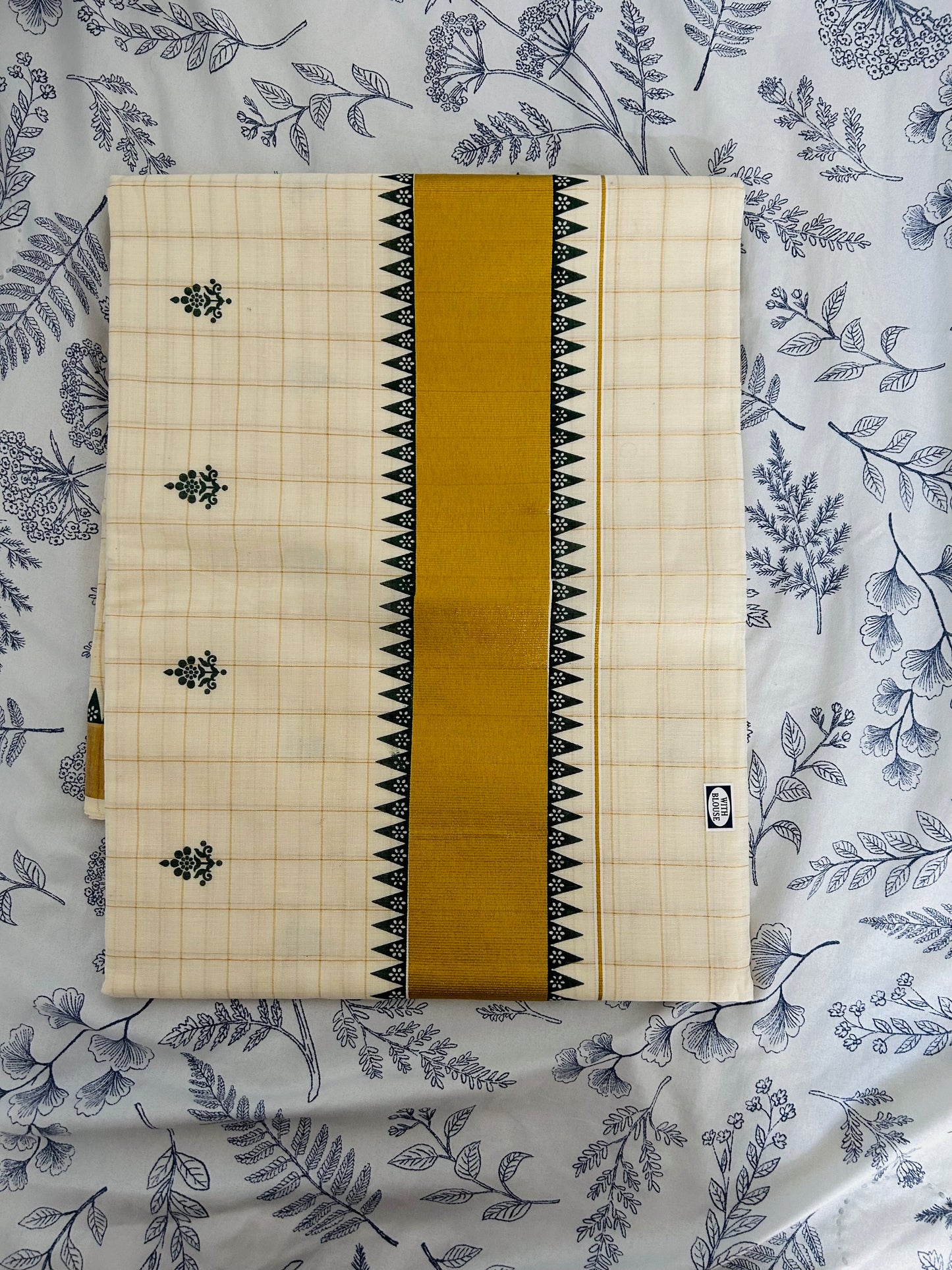 Golden checkered with green print keralacotton saree