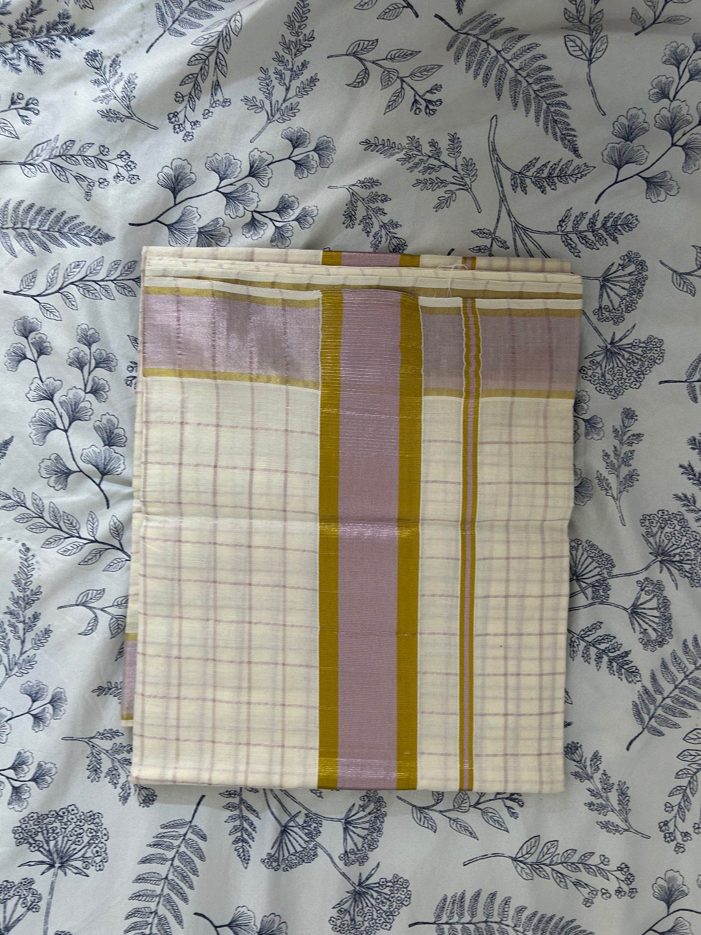Kerala cotton saree with rose gold checkered design & border