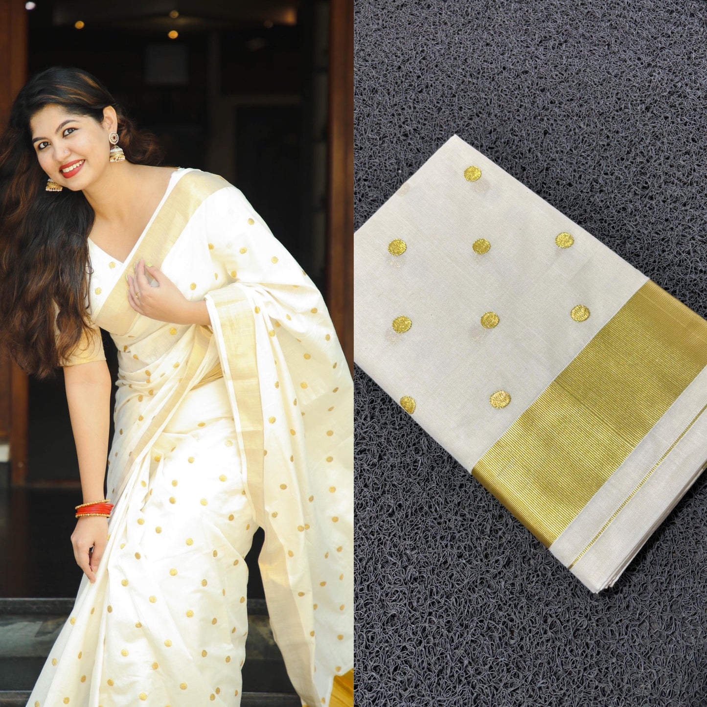 Polka Dot Golden Zari woven Kerala cotton saree