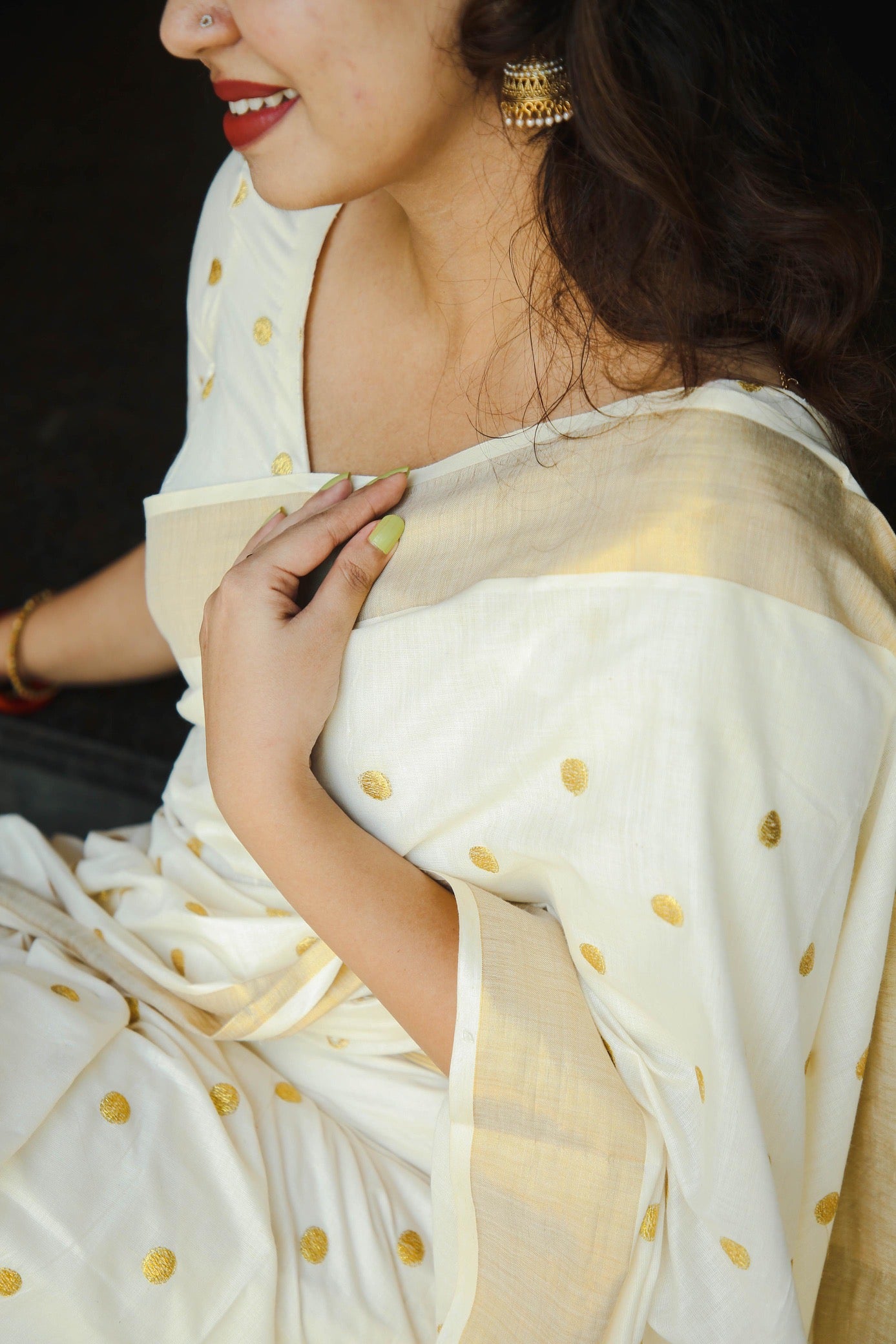 Polka Dot Golden Zari woven Kerala cotton saree