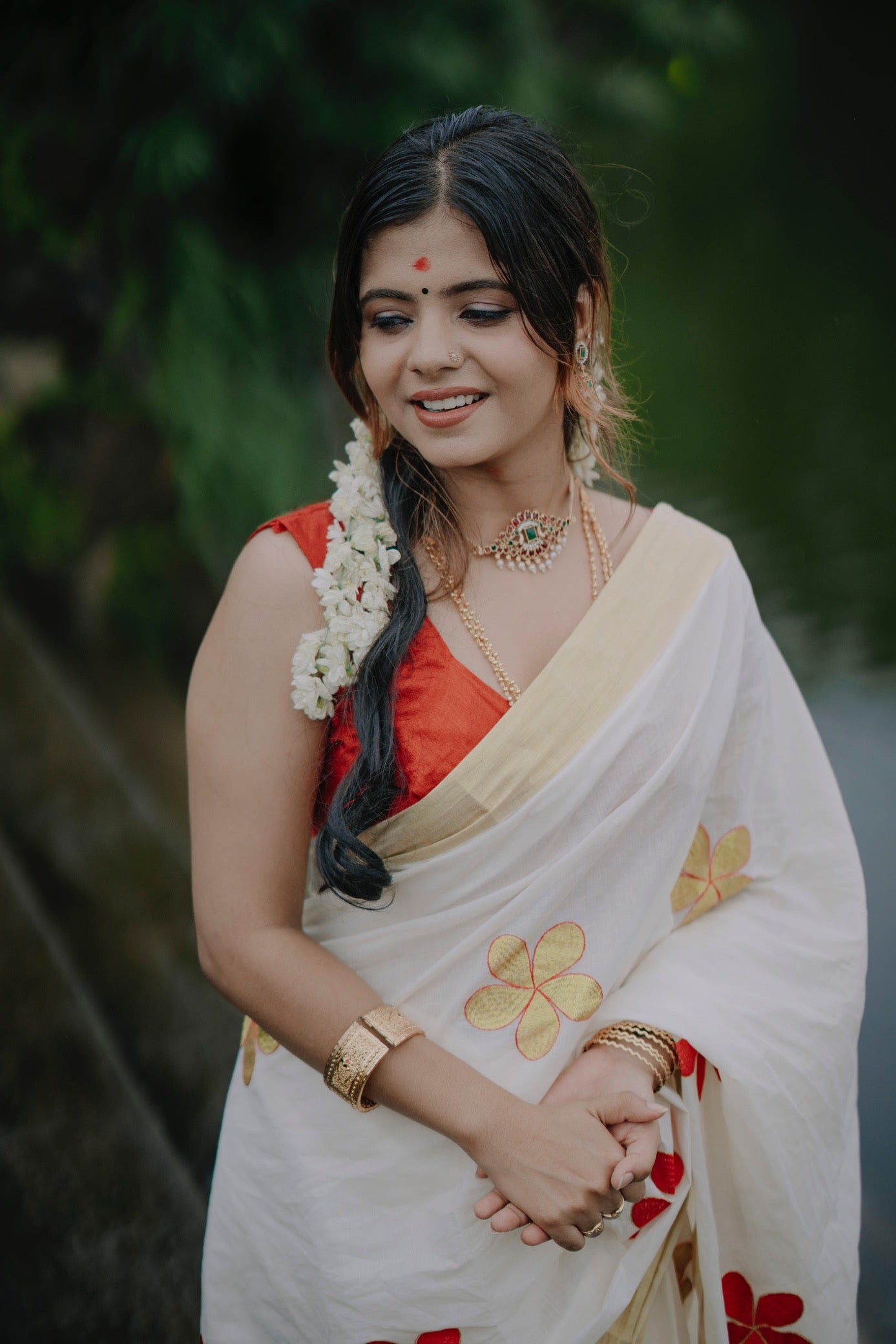 Floral printed with Zari Woven Kerala cotton saree