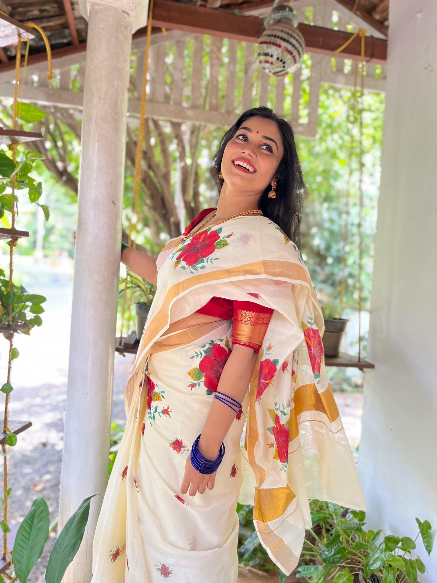 Hibiscus Printed Kerala cotton saree