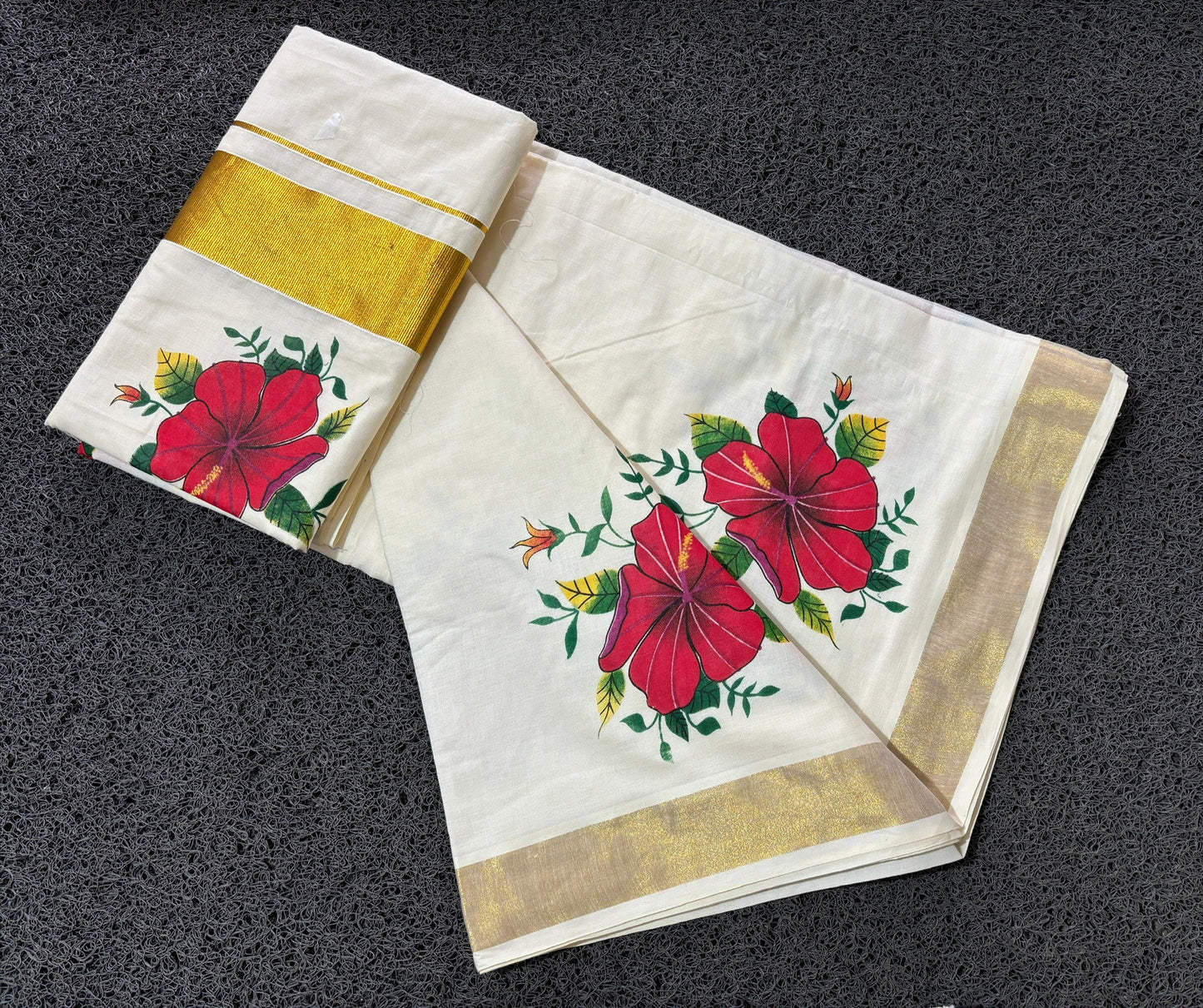 Hibiscus Printed Kerala cotton saree