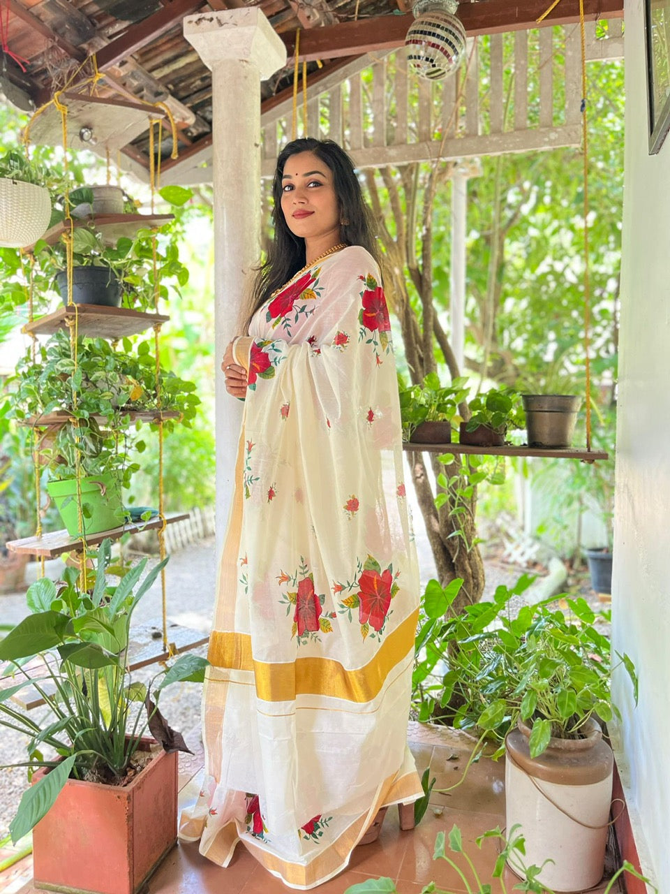 Hibiscus Printed Kerala cotton saree