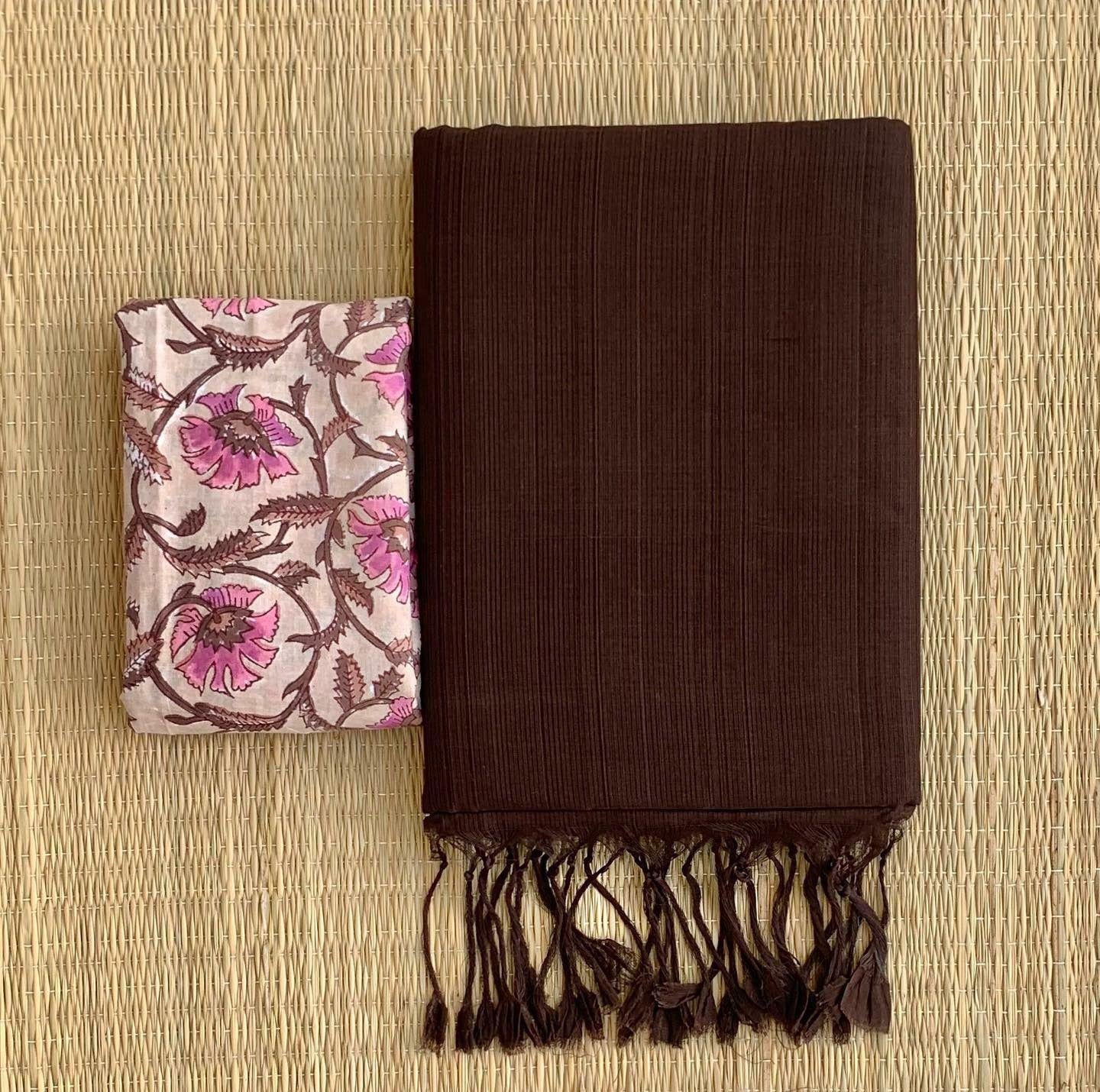 Solid Khadi Cotton Saree with Contrast Ajrack cotton Blouse Piece