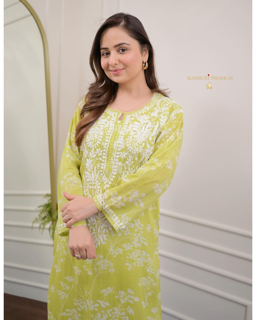Pista & White Chikankari Kurti Palazzo Set