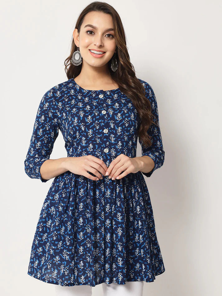 Blue & White Printed Cotton Short Kurti Top