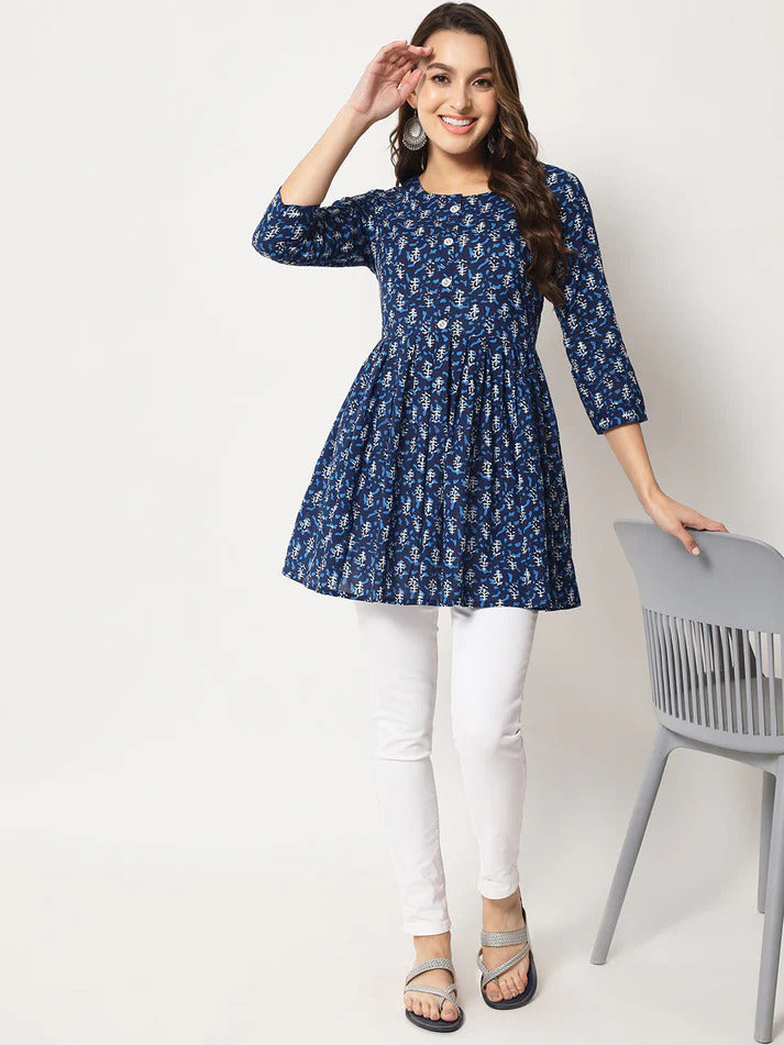 Blue & White Printed Cotton Short Kurti Top