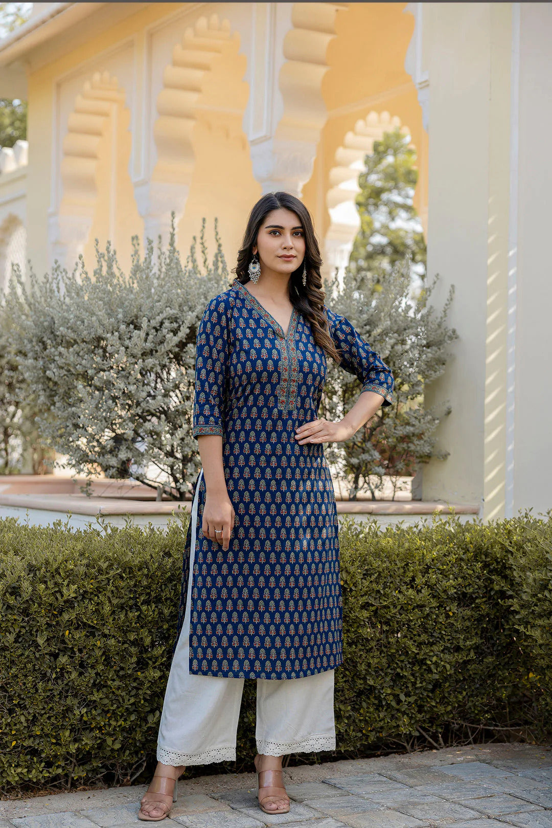Jaipuri Cotton Ethnic Printed Navy Kurti Top (Top Only)