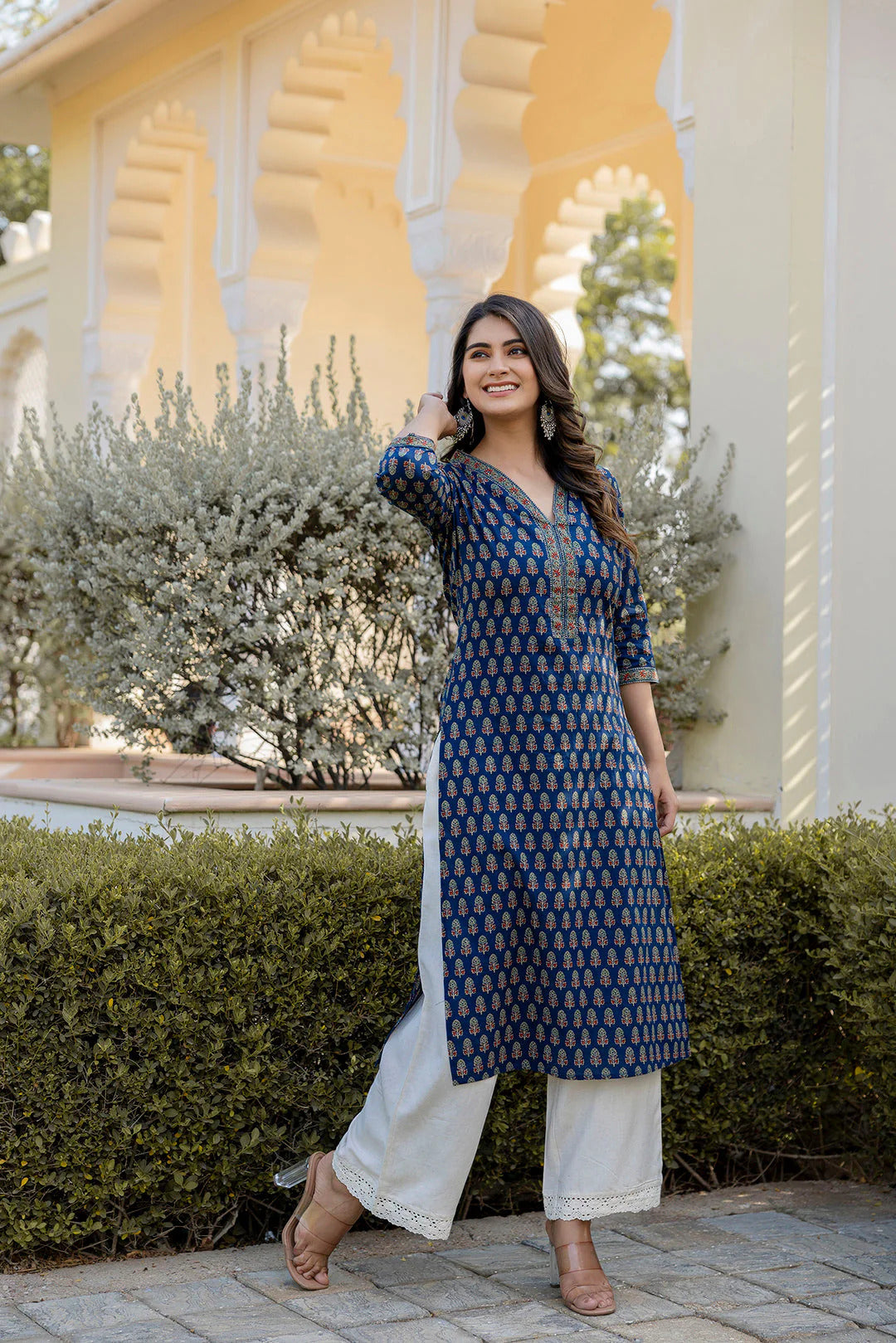 Jaipuri Cotton Ethnic Printed Navy Kurti Top (Top Only)