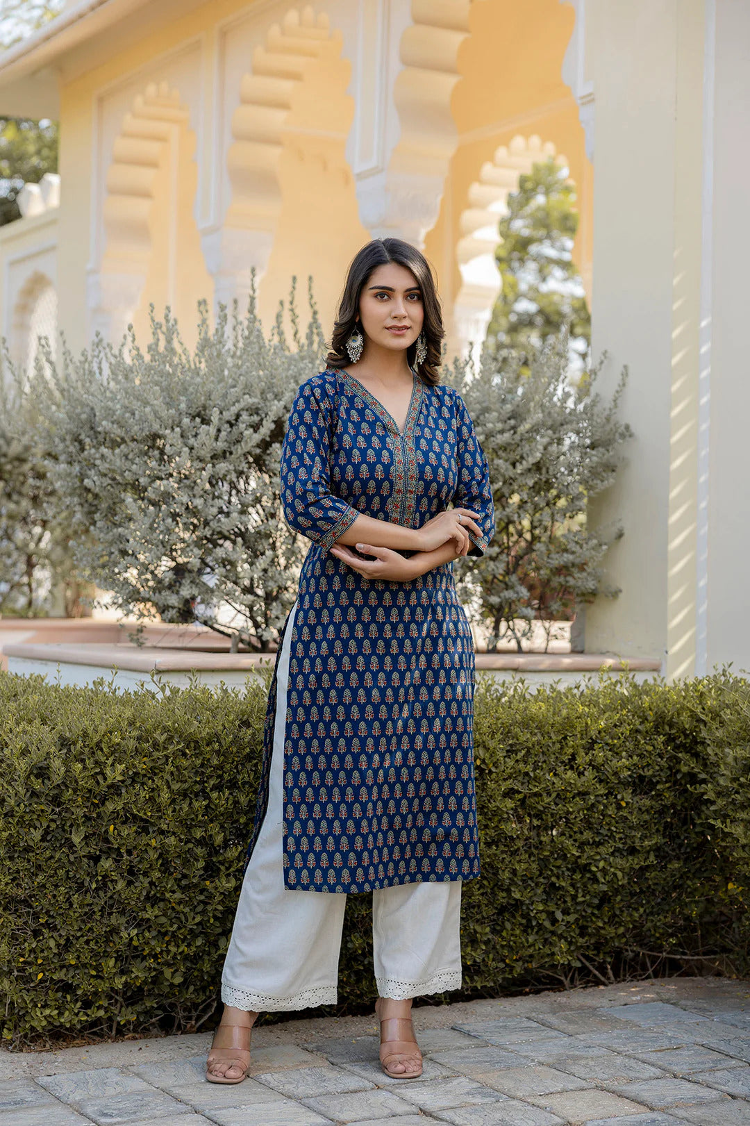 Jaipuri Cotton Ethnic Printed Navy Kurti Top (Top Only)