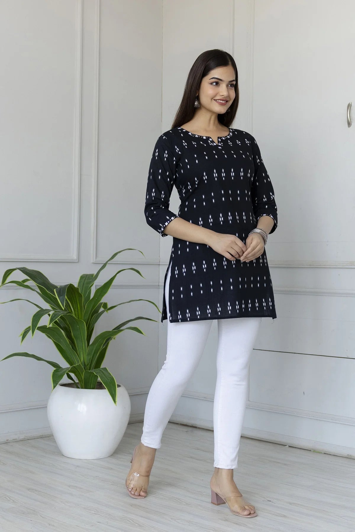 Pure Cotton Black Block Printed Short Kurti Top