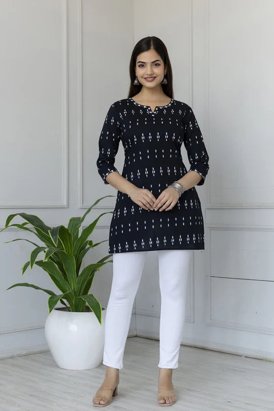 Pure Cotton Black Block Printed Short Kurti Top