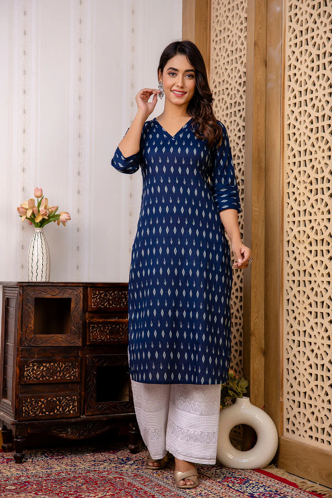 Navy Blue Grey Soft Cotton Printed Kurti Top (Top Only)