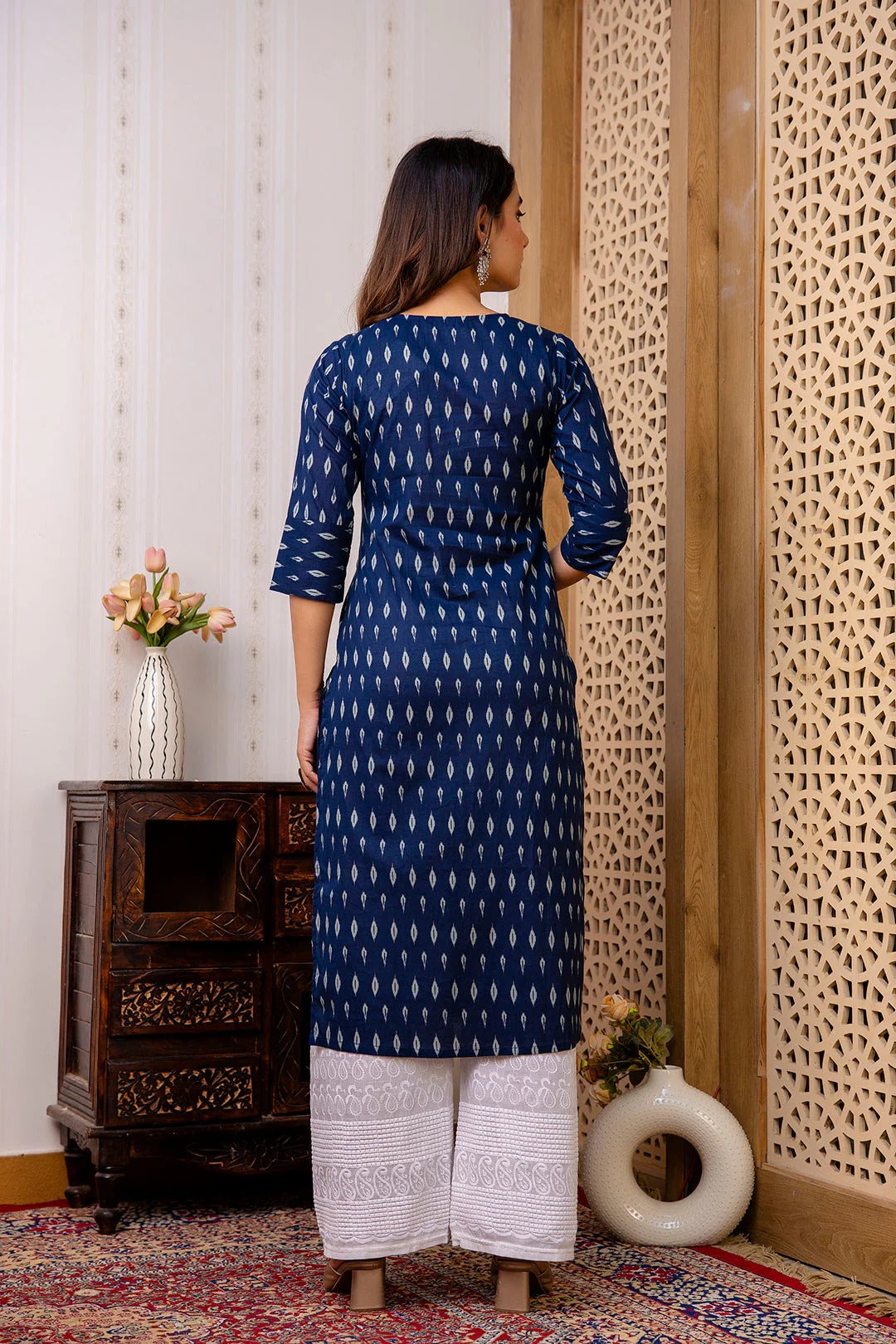 Navy Blue Grey Soft Cotton Printed Kurti Top (Top Only)