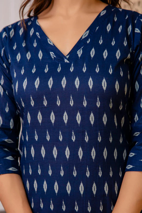 Navy Blue Grey Soft Cotton Printed Kurti Top (Top Only)