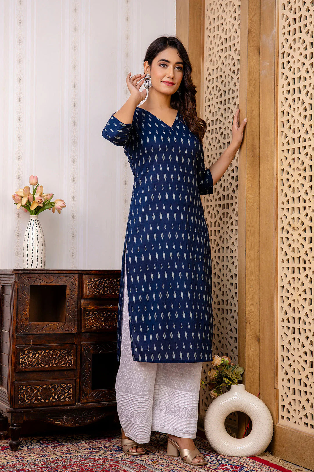 Navy Blue Grey Soft Cotton Printed Kurti Top (Top Only)