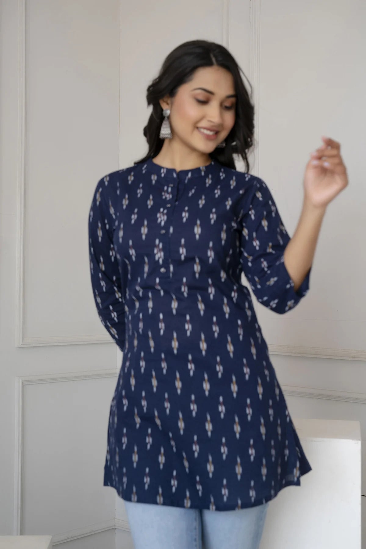 Pure Cotton Navy Blue Block Printed Short Kurti