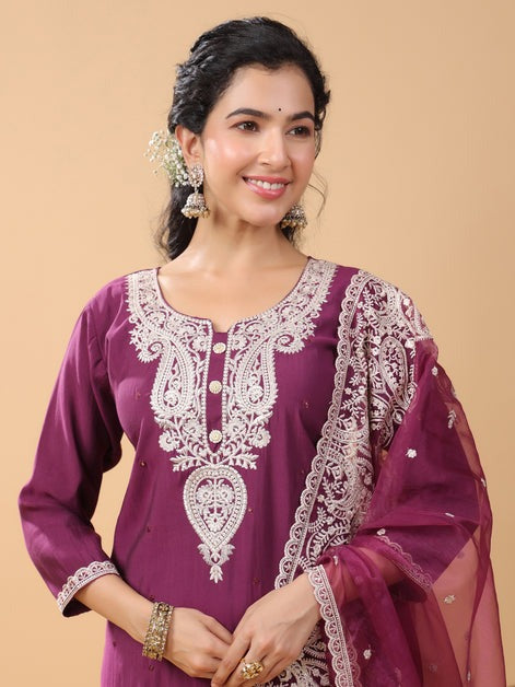 Wine Embroidered Silk Kurti Palazzo Set with Dupatta