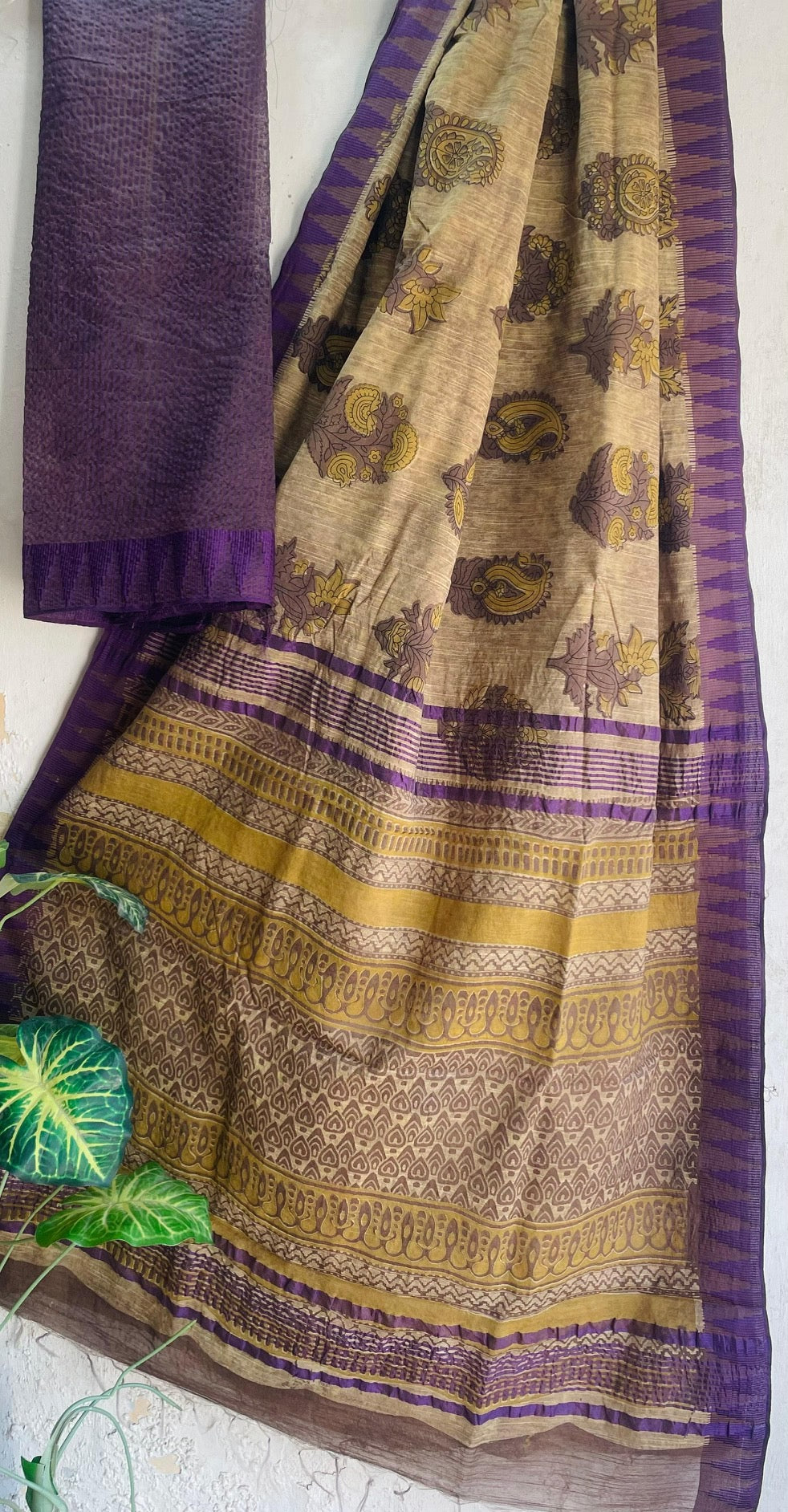 Hand Block Printed Purple Beige Semi Silk Saree