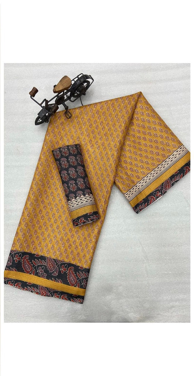 Yellow & Black Digital printed Kota Doria Saree