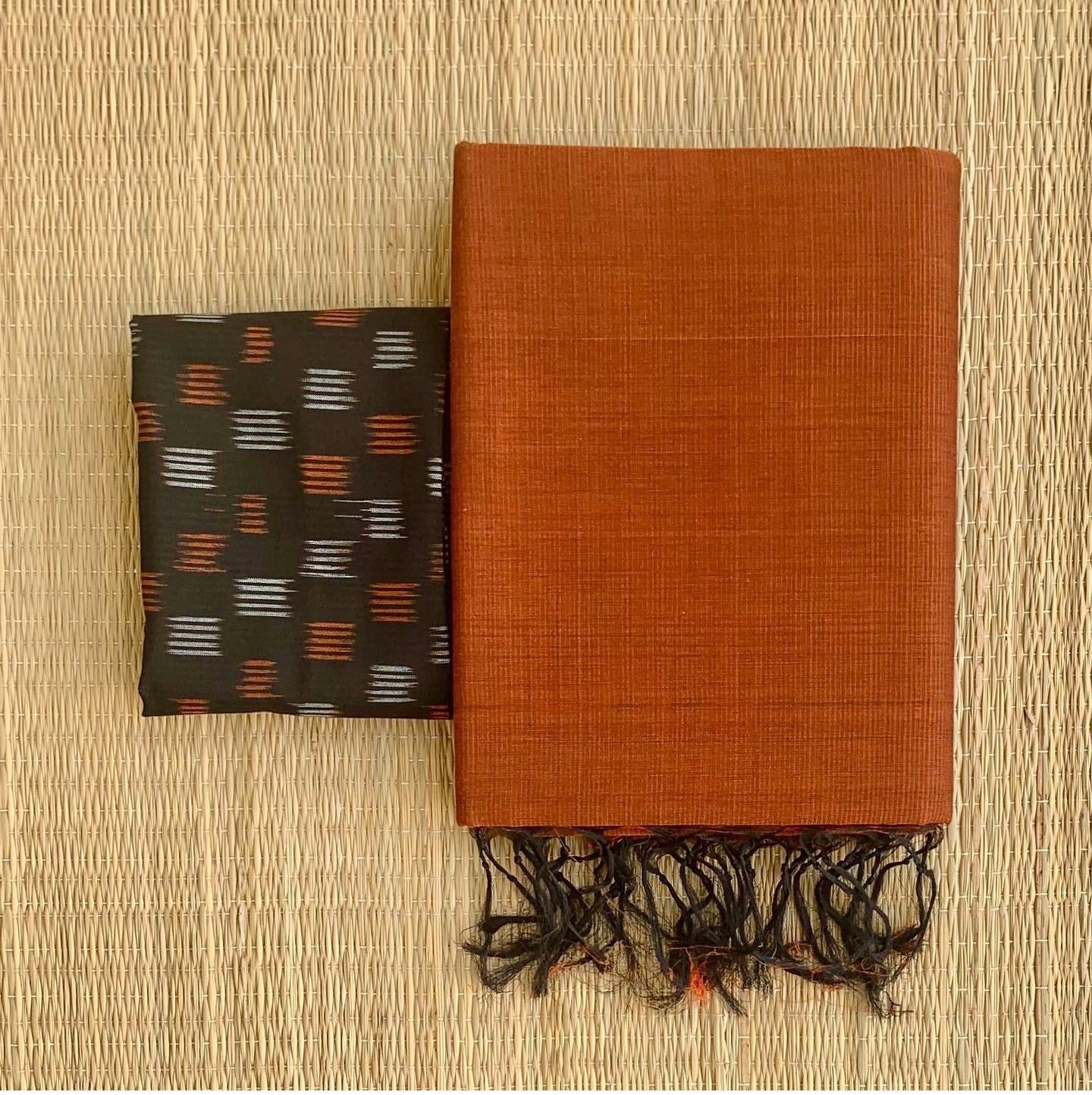 Solid Khadi Cotton Saree with Contrast Ajrack cotton Blouse Piece