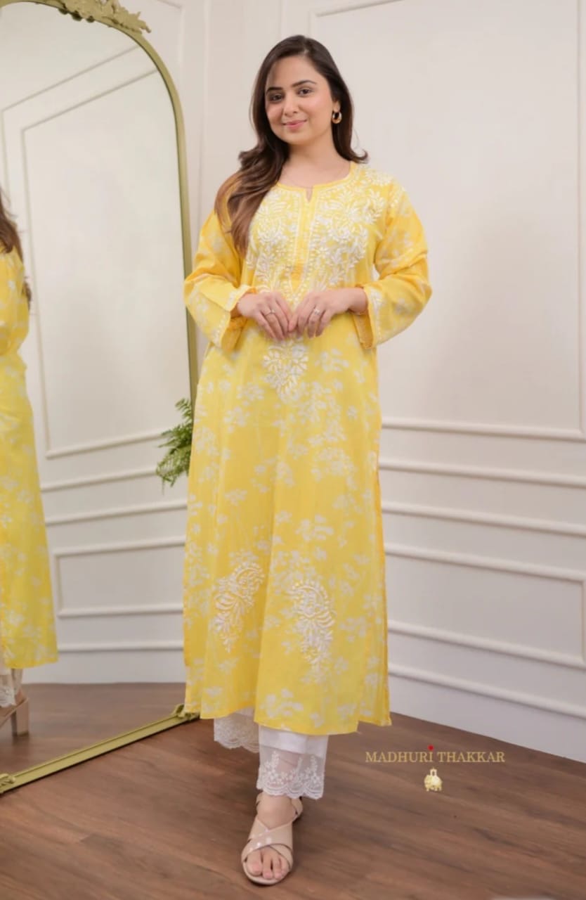 Yellow & White Chikankari Kurti Palazzo Set