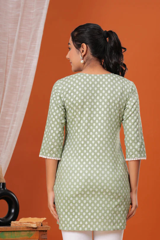 Green Printed Soft Cotton Short Kurti Top