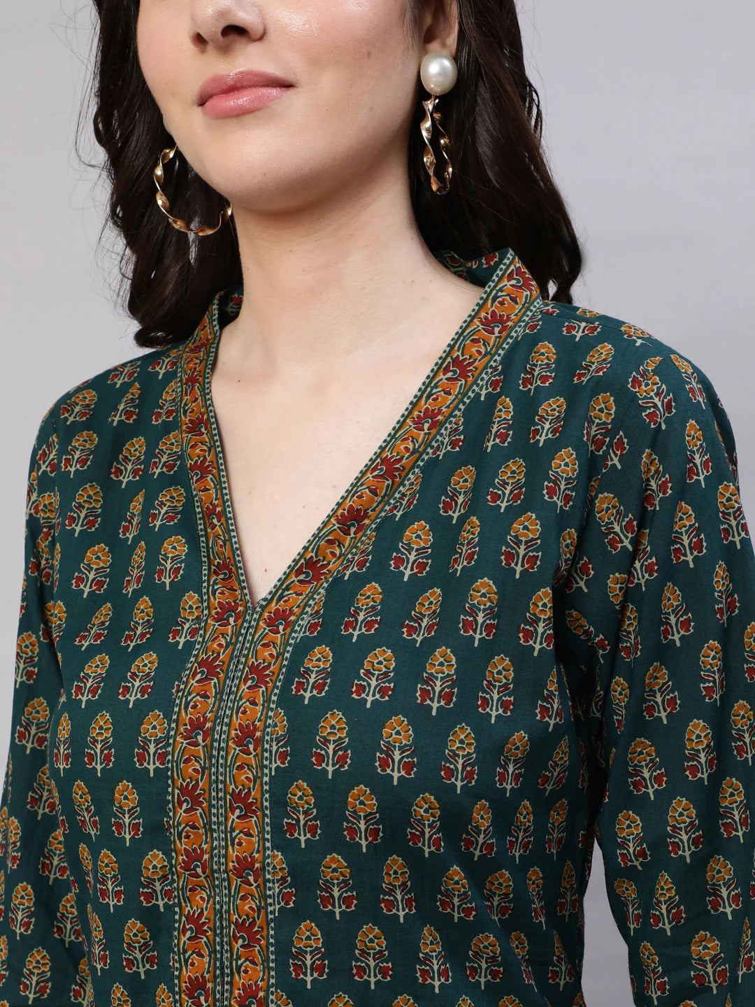 Jaipuri Cotton Ethnic Printed Green Kurti Top (Top Only)