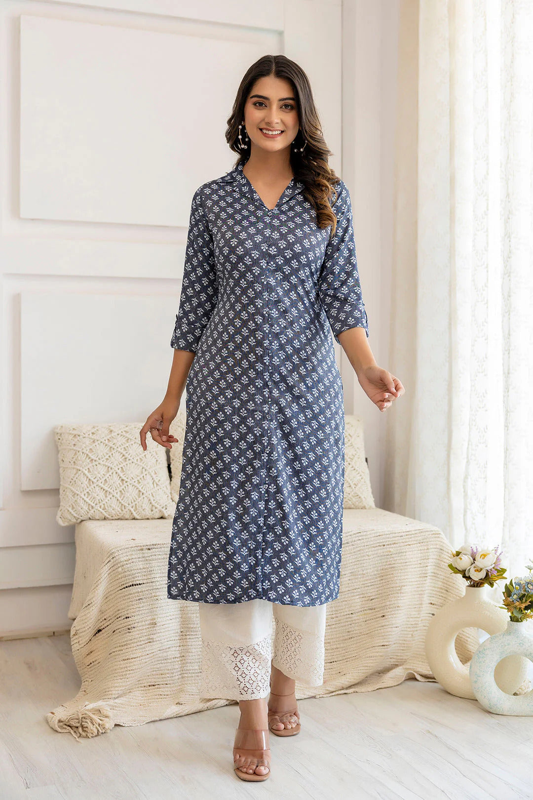 Blue Grey Cotton Ethnic Printed Kurti Top (Top Only)