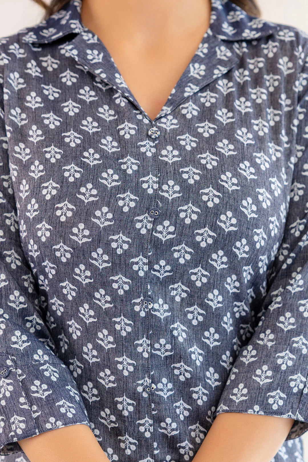 Blue Grey Cotton Ethnic Printed Kurti Top (Top Only)