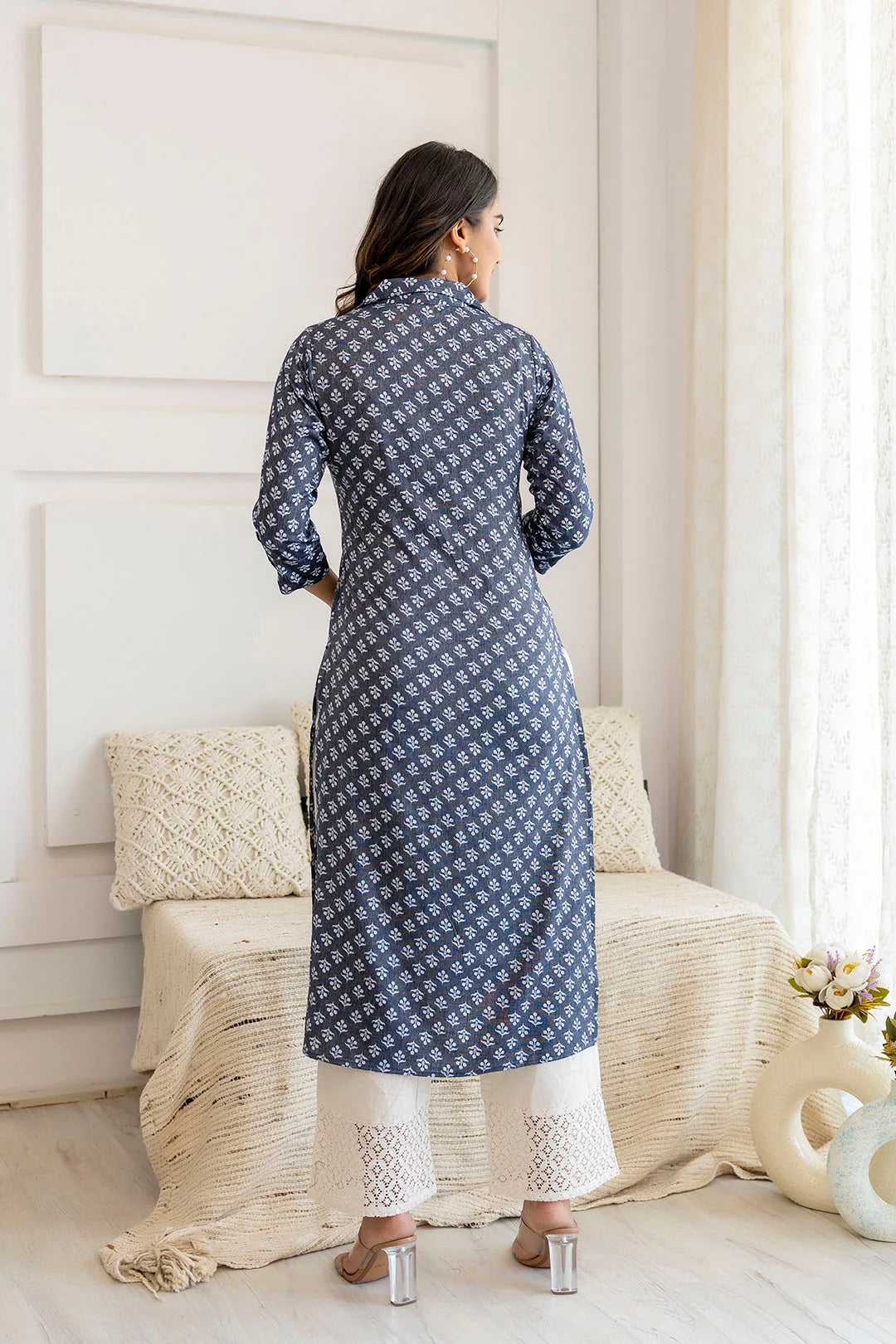 Blue Grey Cotton Ethnic Printed Kurti Top (Top Only)