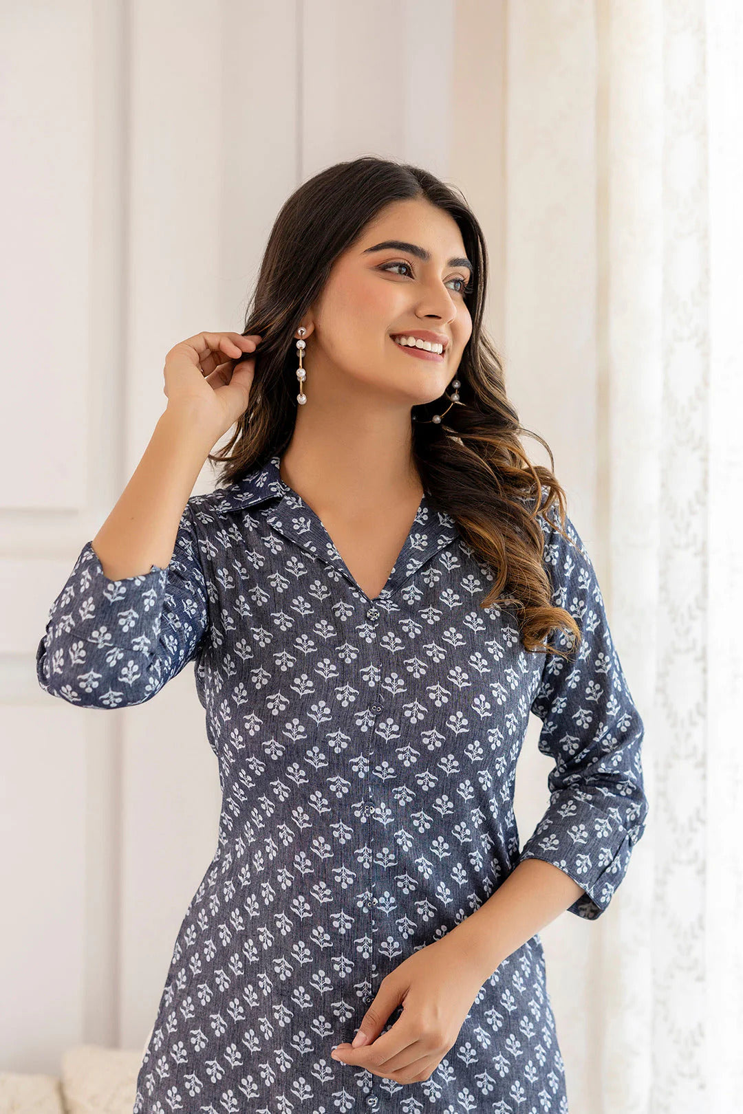 Blue Grey Cotton Ethnic Printed Kurti Top (Top Only)