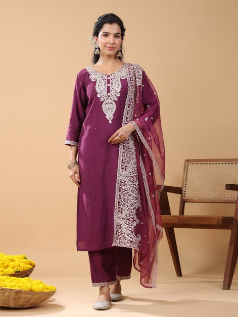 Wine Embroidered Silk Kurti Palazzo Set with Dupatta